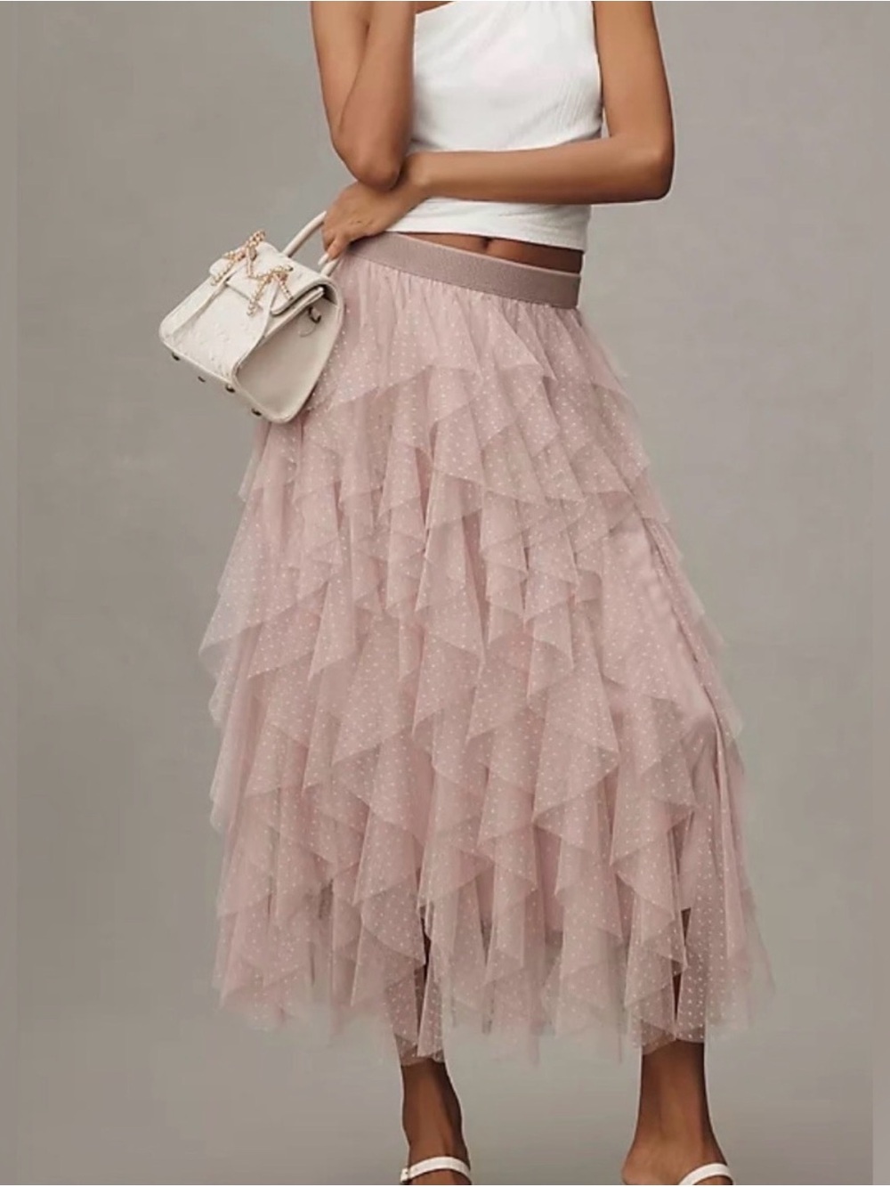 Anthropologie Cheri Polka-Dot tiered Layered Tulle Midi Skirt pink lilac